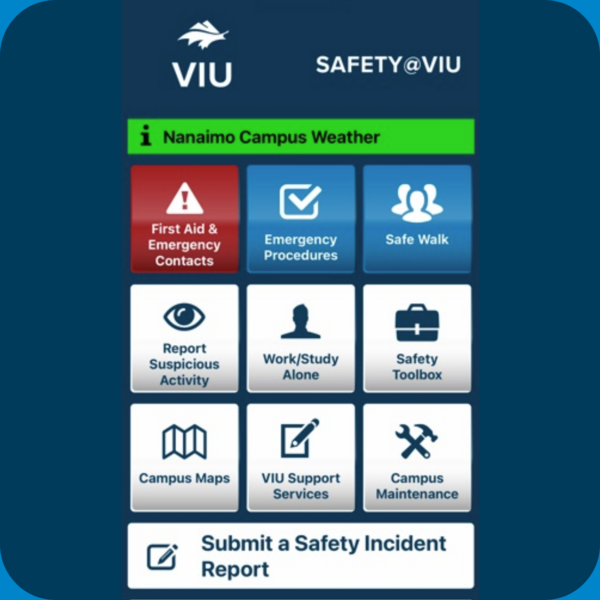 Screenshot of the VIU safety app homescreen.