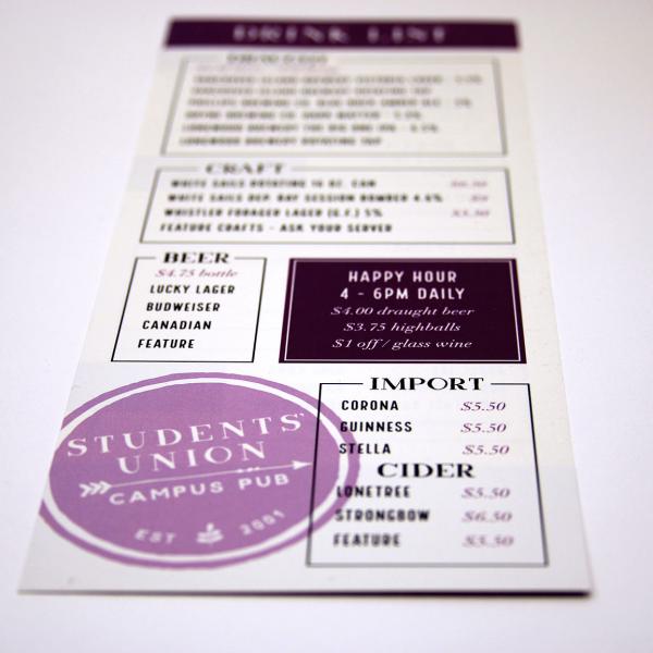 A menu for the Students Union Pub printed on synthetic paper.