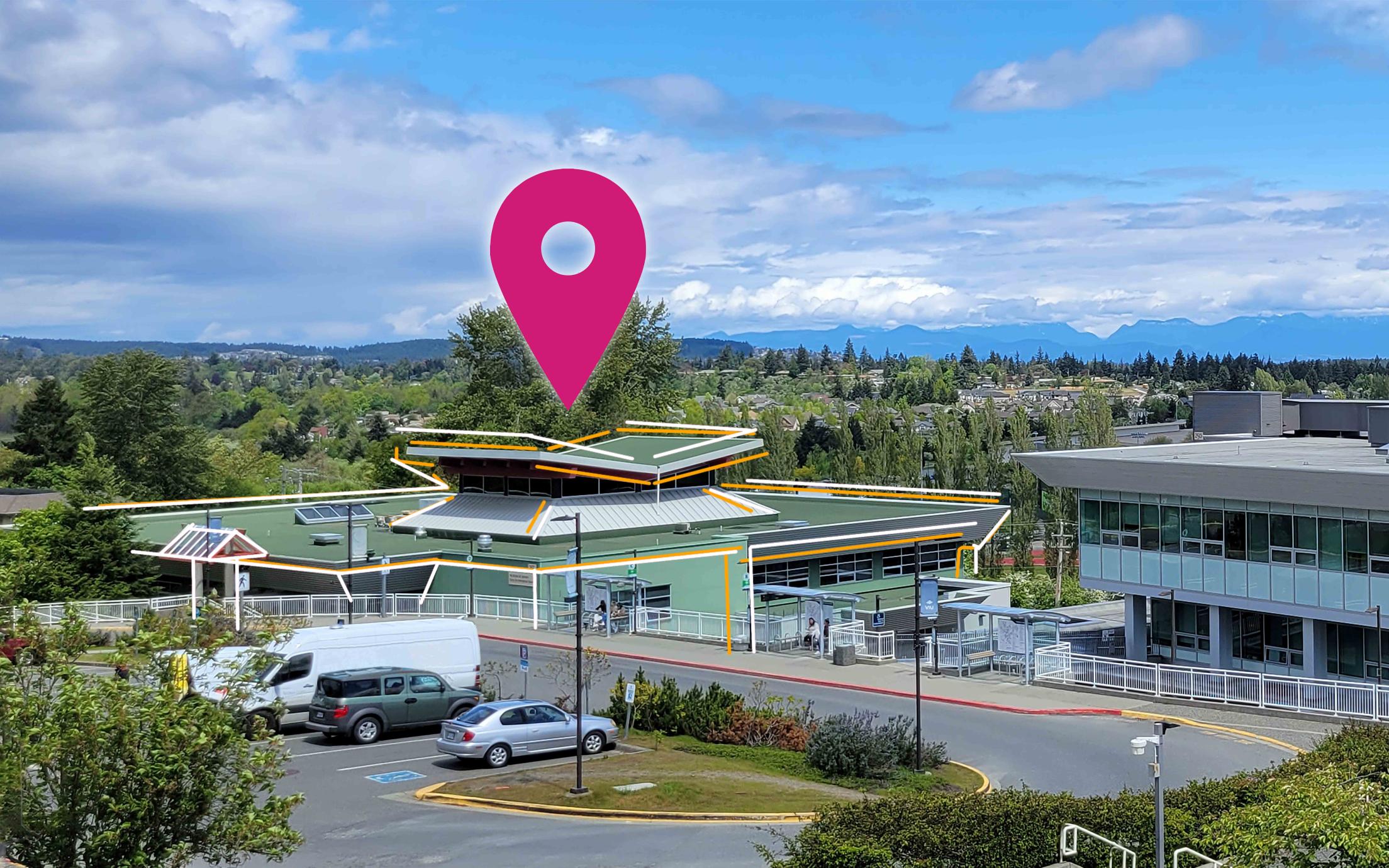 VIU Nanaimo campus, buildings 250 and 255. Location marker above building 255 to indicate Career Studio location.