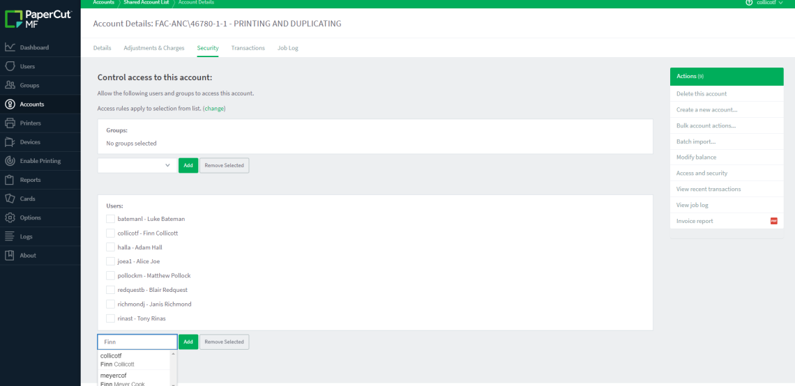 The account security options in Papercut showing you how to search for an employee by name