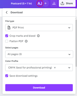 An image in Canva showing the print settings