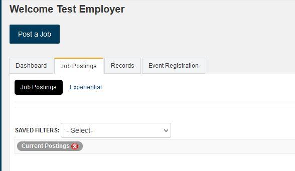 Employer job posting view with current posting filter showing