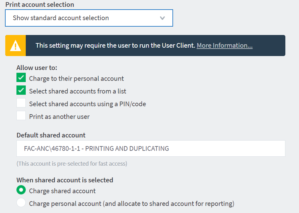 The Papercut account selection with options to add a shared account and options to toggle the permissions of the user.
