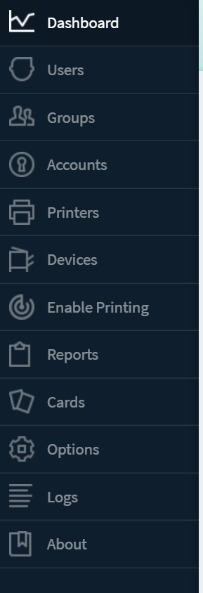 The dashboard of the Papercut website. With the options, Users, Groups, Accounts, Printers, Devices, Enable printing, Reports, Cards, Options, Logs and About