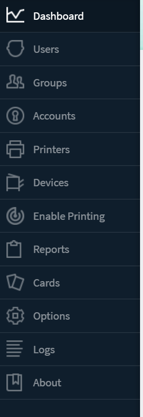 A picture of the Papercut dashboard with admin options The dashboard of the Papercut website. With the options, Users, Groups, Accounts, Printers, Devices, Enable printing, Reports, Cards, Options, Logs and About