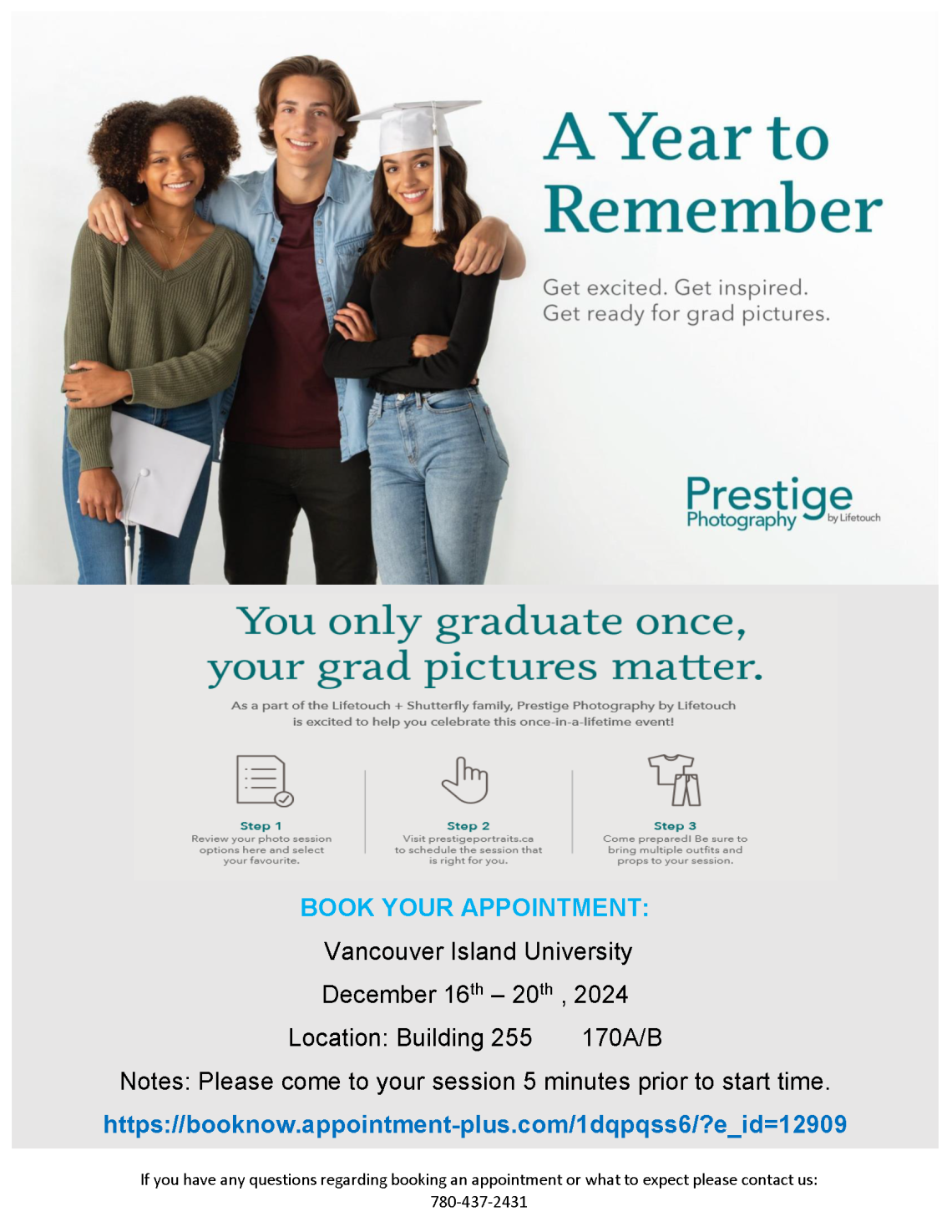 Three students smiling at the camera, a woman, a man, and a woman who is wearing a graduation cap.