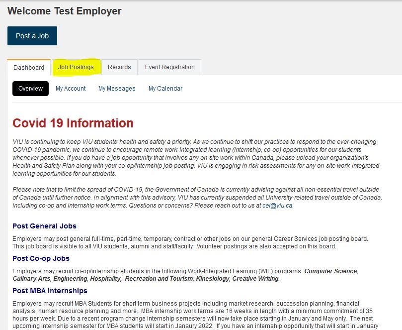 Employer dashboard with the job postings tab highlighted