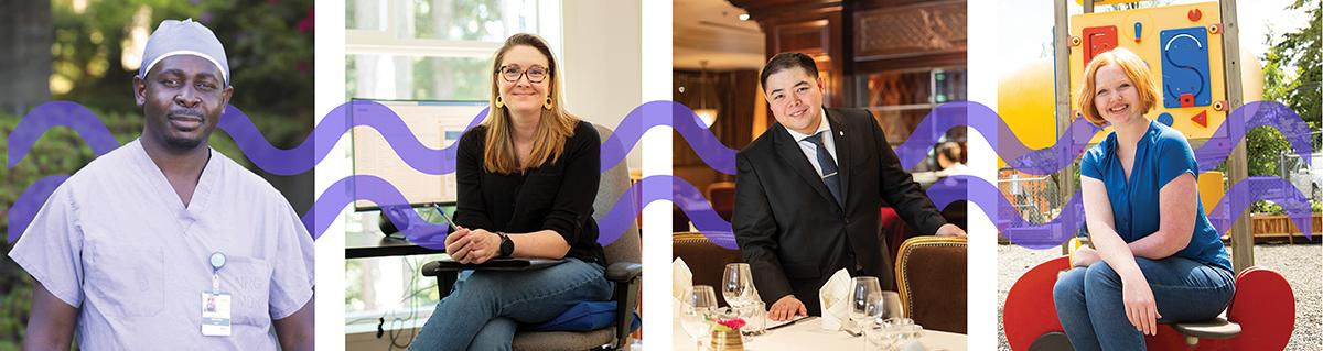 Four pictures of men and women with purple wave pattern behind them