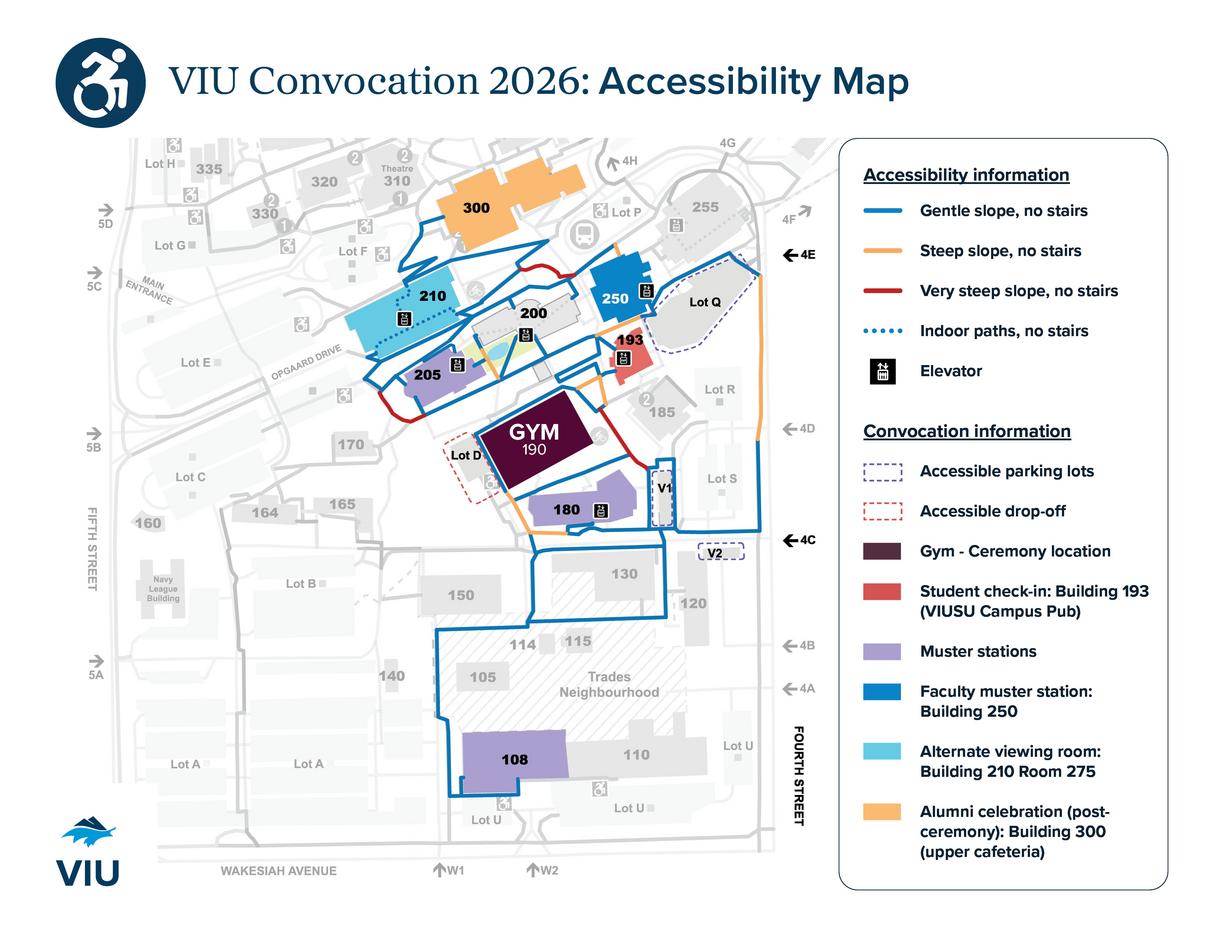 Map showing the accessible routes at the VIU Nanaimo campus