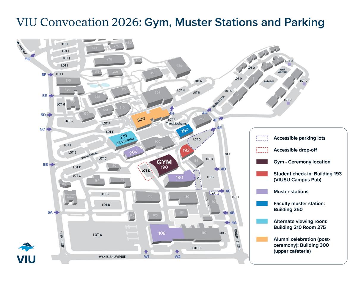 Map showing parking, gym and muster stations for VIU convocation