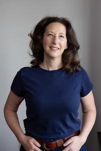 A woman in a blue T-shirt