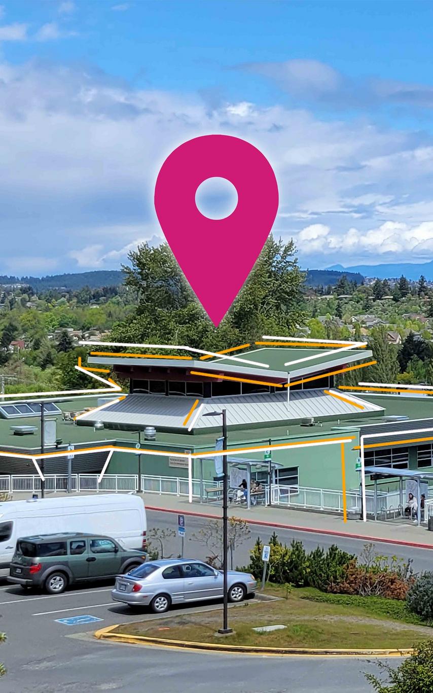 VIU Nanaimo campus, buildings 250 and 255. Location marker above building 255 to indicate Career Studio location.