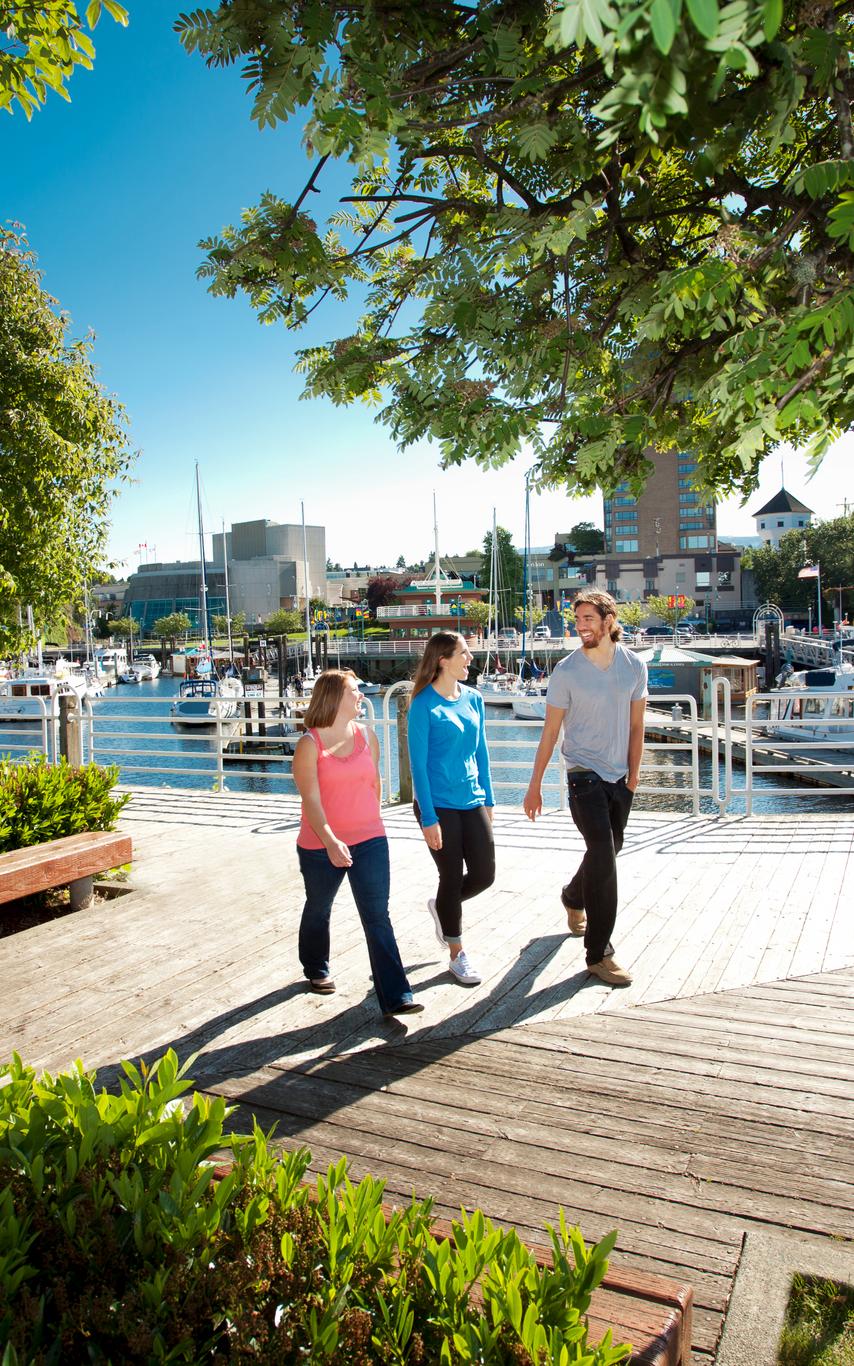 3 students walking along a sunny boardwalk near the waterfont